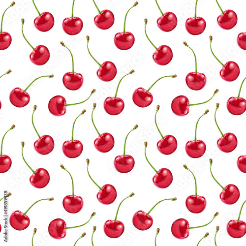 Illustration realism seamless pattern berry red cherry on a white isolated background. High quality illustration