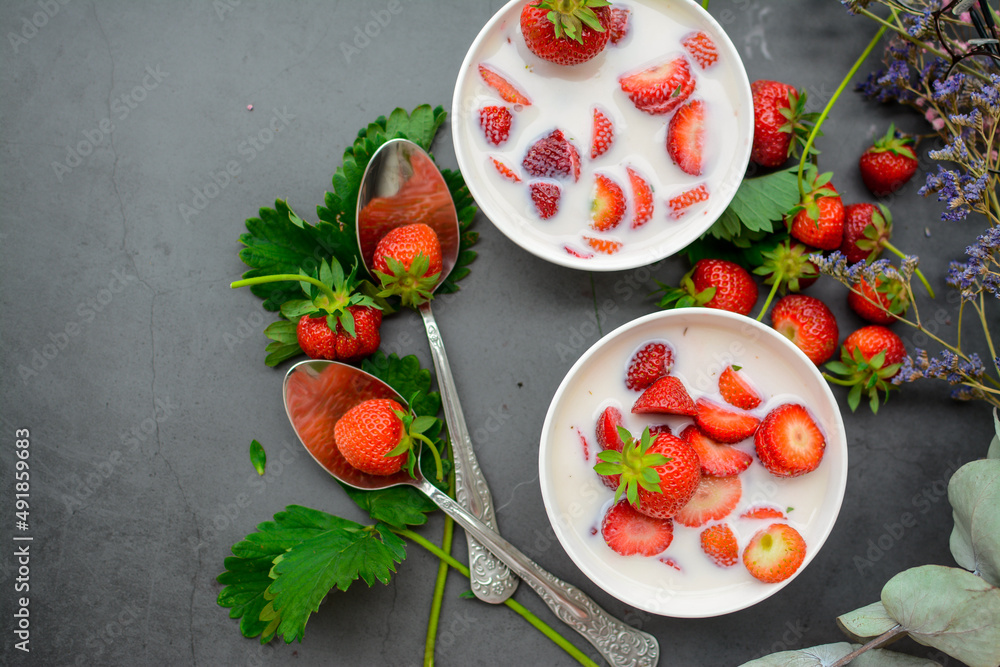 Sweet cold soup made of strawberries and organic vegan milk Sweet cold soup made of strawberries and organic vegan milk