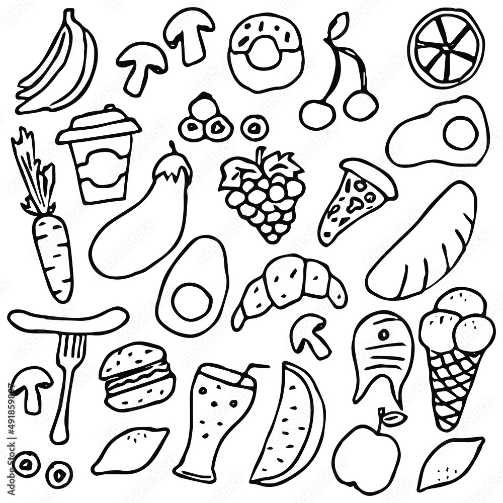 vector food icons. pattern with food icons. icons of seafood, mushrooms, sweets, vegetables and fruits. vector food icons. pattern with food icons. icons of seafood, mushrooms, sweets, vegetables and fruits.
