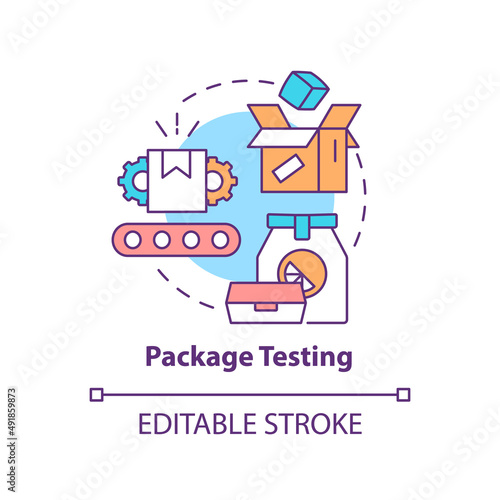Package testing concept icon. Materials processing and evaluating abstract idea thin line illustration. Performance test. Isolated outline drawing. Editable stroke. Arial, Myriad Pro-Bold fonts used