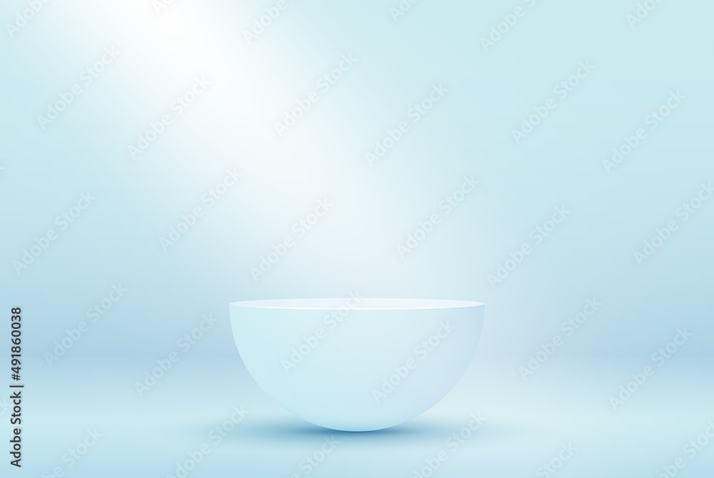 Stage podium on a light blue studio background. Realistic vector clean circle, pedestal, pillar, pedestal. Blank vector prize stand with projector for advertising design.