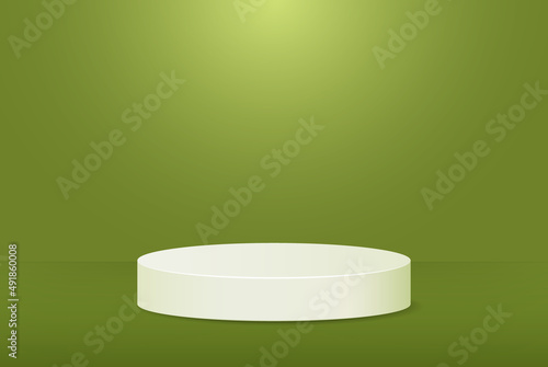 Stage podium on a light green studio background. Realistic vector clean circle, pedestal, pillar, pedestal. Blank vector prize stand with projector for advertising design.