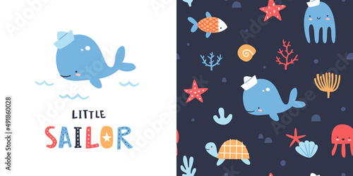 Cute underwater sea pattern with single print. Happy aquatic animals seamless vector collection for kids apparel.