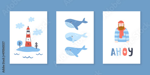 Collection of marine prints for wall art. Set of doodle sea posters for nursery.