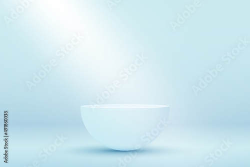 Stage podium on a light blue studio background. Realistic vector clean circle, pedestal, pillar, pedestal. Blank vector prize stand with projector for advertising design.