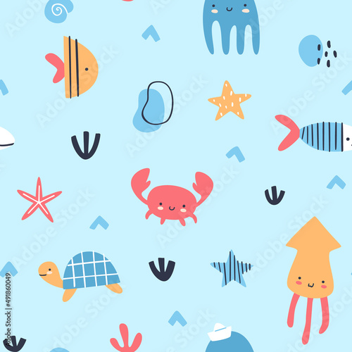 Cute sea animals baby pattern. Marine life seamless vector print for shower fabric and kids apparel.