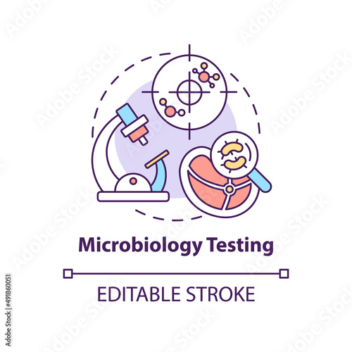 Microbiology testing concept icon. Food samples evaluation abstract idea thin line illustration. Detecting foodborne germs. Isolated outline drawing. Editable stroke. Arial, Myriad Pro-Bold fonts used