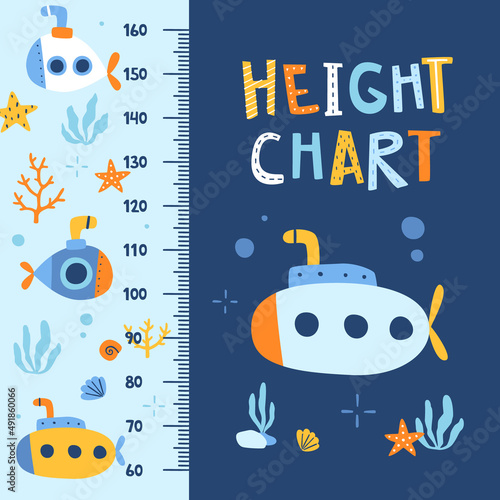 Underwater height chart with submarine. Marine baby wall ruler with seabed. Nautical stadiometer for kids.