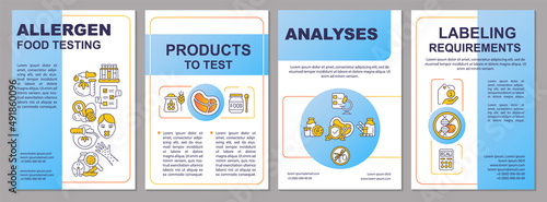 Food sensitivity test blue brochure template. Labeling requirements. Leaflet design with linear icons. 4 vector layouts for presentation, annual reports. Arial, Myriad Pro-Regular fonts used