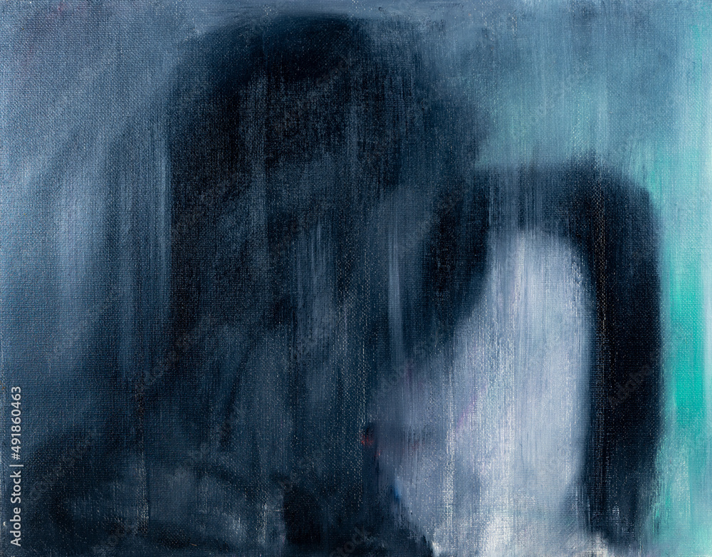 Φωτογραφία Oil painting of kissers view through the window in rain at night