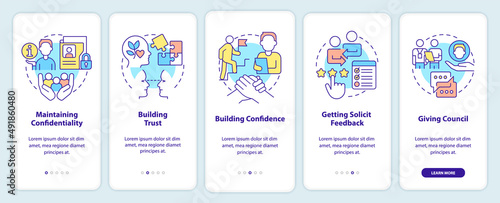 HR communicative skills onboarding mobile app screen. Business walkthrough 5 steps graphic instructions pages with linear concepts. UI, UX, GUI template. Myriad Pro-Bold, Regular fonts used