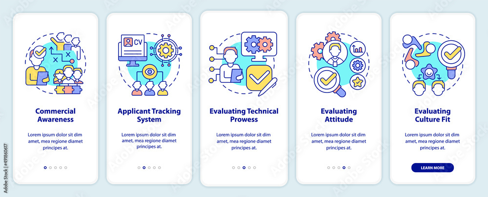 HR skills for business onboarding mobile app screen. Technology walkthrough 5 steps graphic instructions pages with linear concepts. UI, UX, GUI template. Myriad Pro-Bold, Regular fonts used