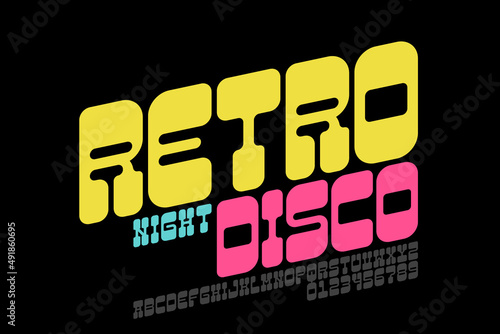 Retro style Disco Night font, vintage design alphabet letters and numbers vector illustration