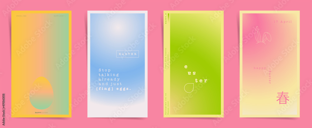 Japanese means - spring. Happy Easter stories banners fashion template posts. Spring design for stories and promo posts. Vertical vector covers in blue, pink, orange, yellow.	