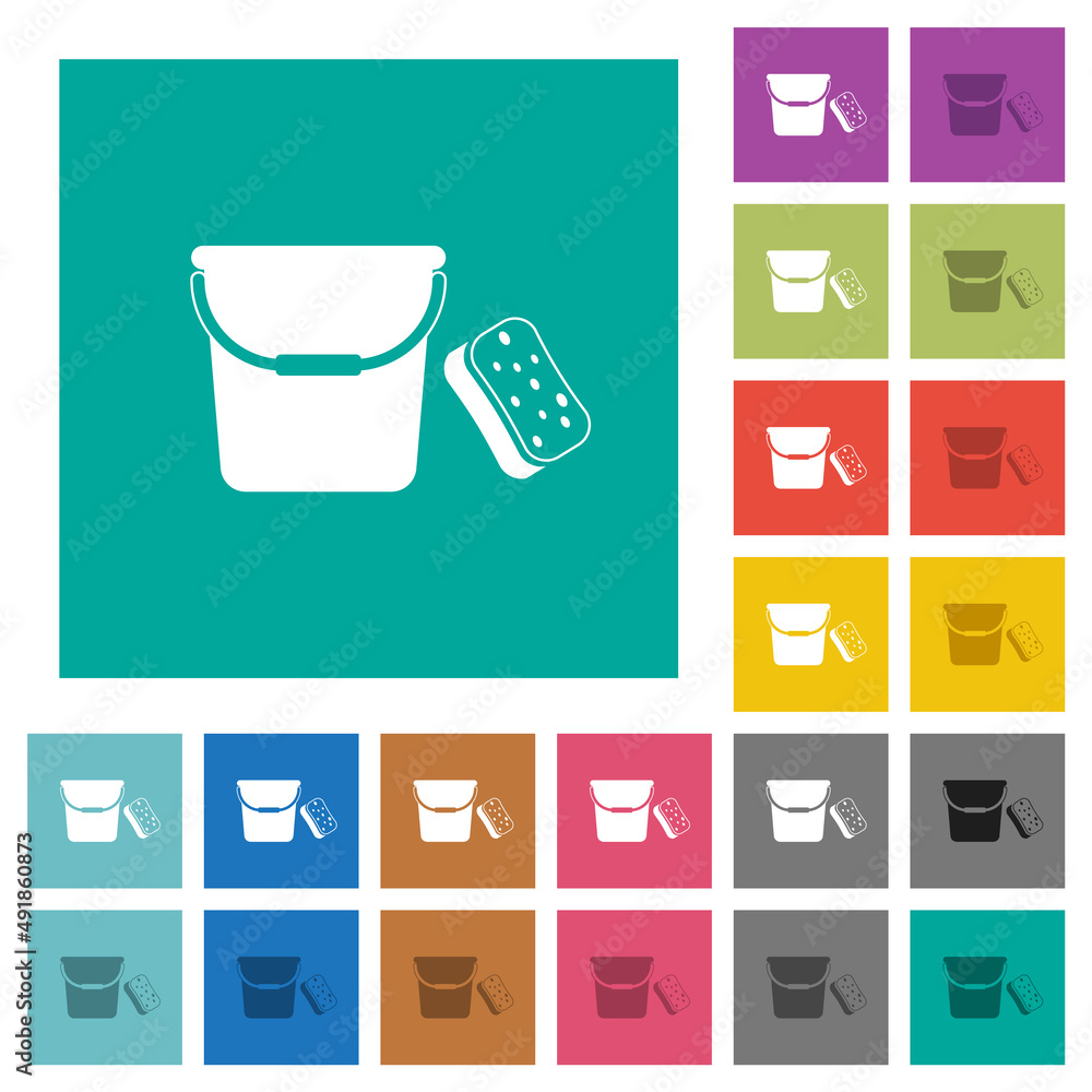 Bucket and sponge square flat multi colored icons Bucket and sponge square flat multi colored icons