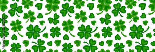 Shamrock seamless pattern vector, clover leaf background for St Patrick Day, irish texture with four luck leaves. Spring holiday illustration