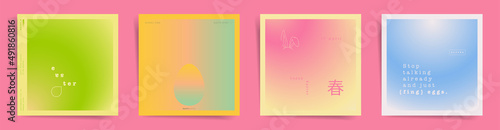 Japanese means - spring. Happy Easter square card covers or lovely post template design set. Modern aesthetic japanese gradient graphic backgrounds. Pale green, pink, orange colors.	
