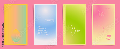 Japanese means - spring. Happy Easter stories banners fashion template posts. Spring design for stories and promo posts. Vertical vector covers in blue, pink, orange, yellow.	