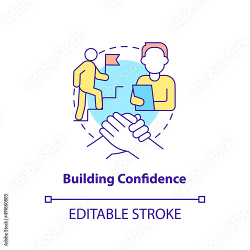 Building confidence concept icon. Increase motivation of candidate. HR skills abstract idea thin line illustration. Isolated outline drawing. Editable stroke. Arial, Myriad Pro-Bold fonts used