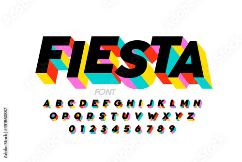 Bright colorful festive style font design, alphabet letters and numbers vector illustration
