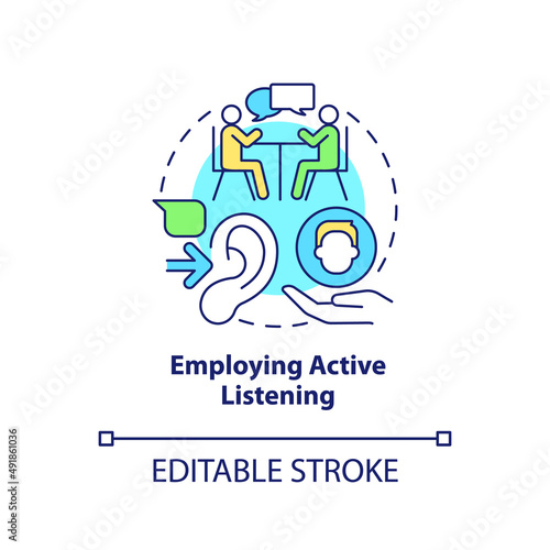 Employing active listening concept icon. Knowing worker problem. HR skills abstract idea thin line illustration. Isolated outline drawing. Editable stroke. Arial, Myriad Pro-Bold fonts used