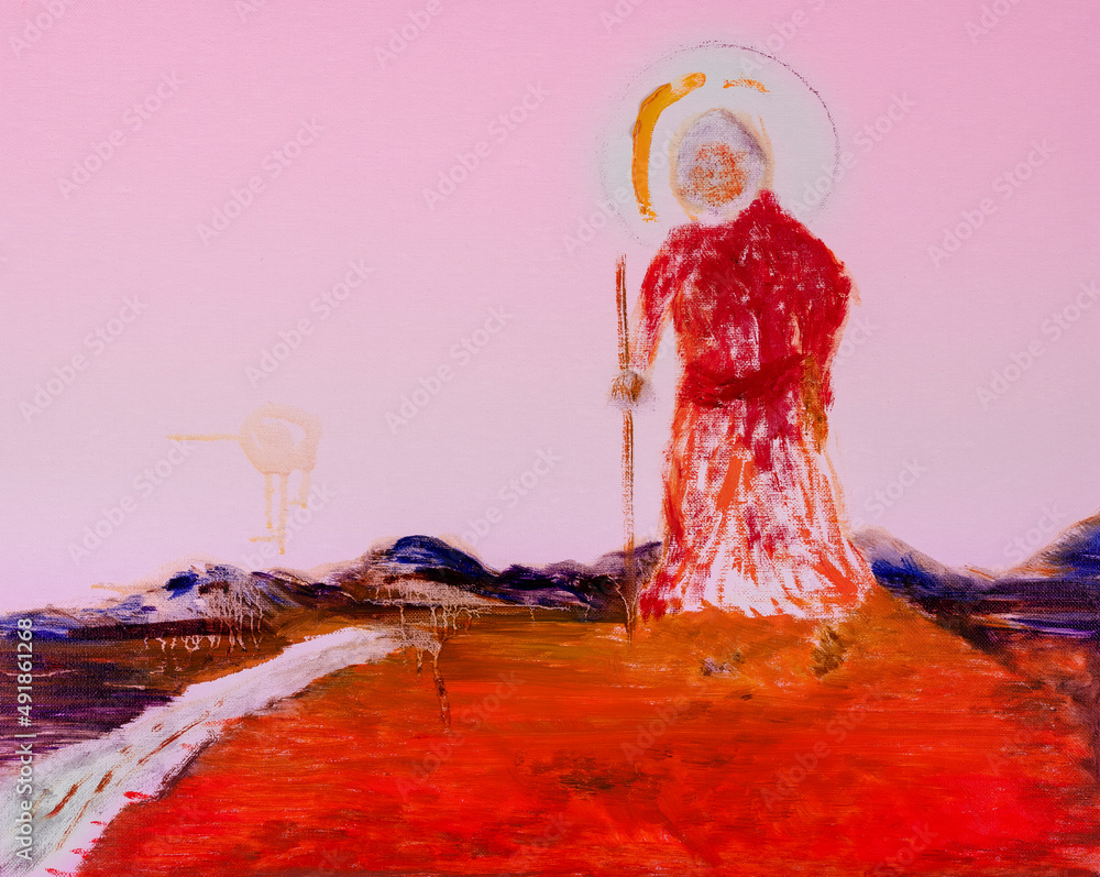 Oil painting of sage on the hill in a red outfit with a walking cane in the wilderness at twilight and the white moon behind the head, an incomplete art.