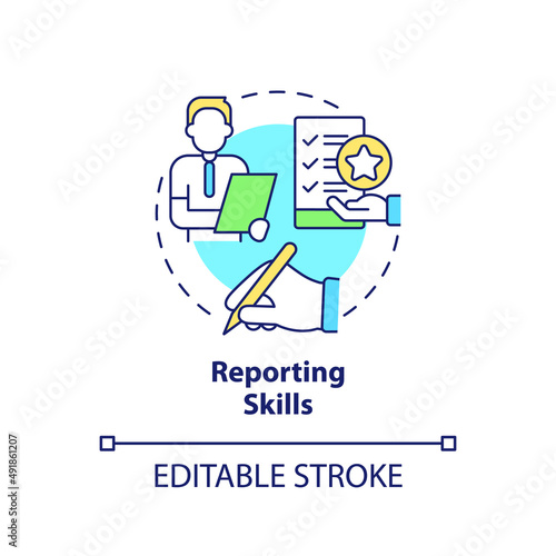 Reporting skills concept icon. Writing accurate reports. HR skills abstract idea thin line illustration. Isolated outline drawing. Editable stroke. Arial, Myriad Pro-Bold fonts used
