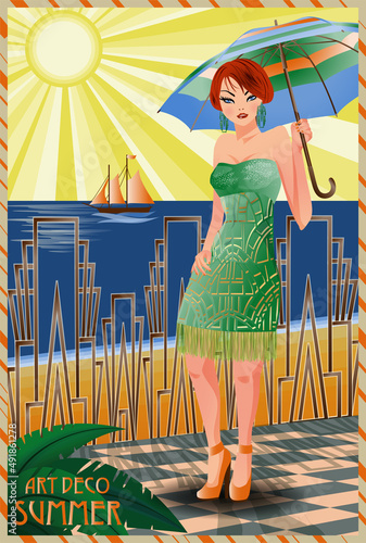Summer Flapper girl with umbrella, art deco card, vector illustration	
