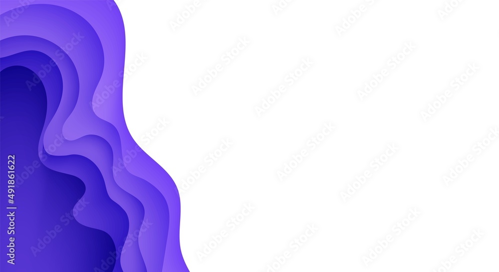 Abstract background in paper cut style. 3d white and purple colors waves with smooth shadow. Vector illustration with layered curved line shape. Rectangular composition of liquid layers in papercut.