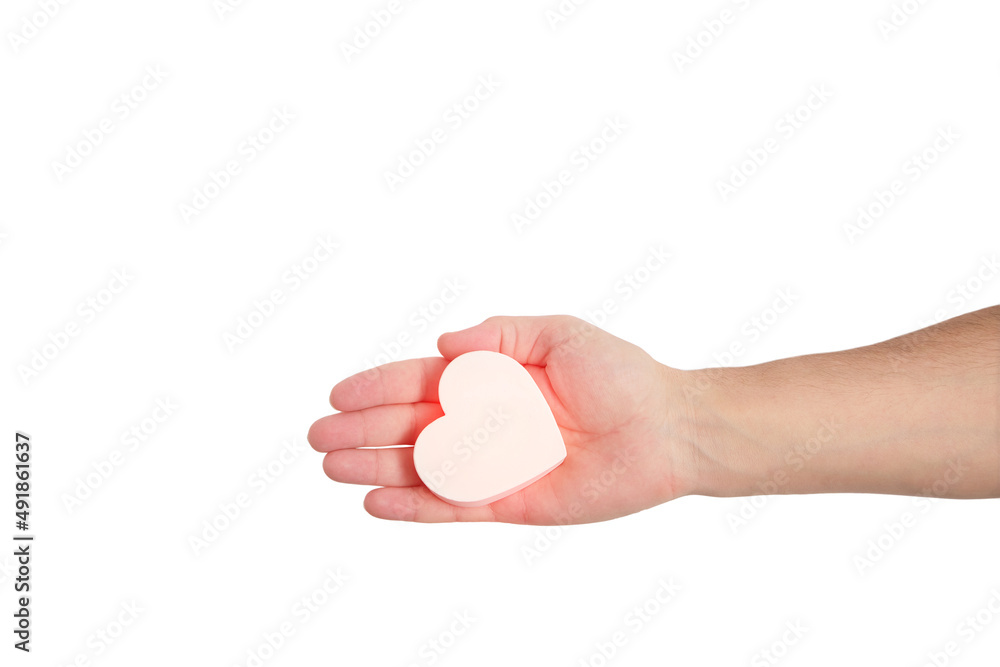 Hot white heart in mans hand on white background. Hot white heart in mans hand on white background.