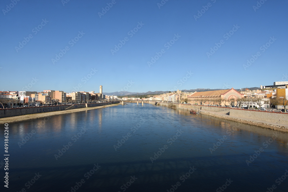 iew of Tortosa, river Ebro, market and la Suda, Terragona province, Catalonia, Spain