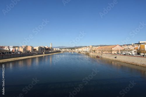 iew of Tortosa, river Ebro, market and la Suda, Terragona province, Catalonia, Spain