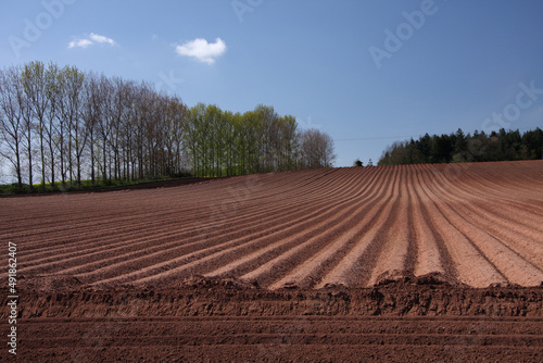 Ploughed field on arable farm under a blue sky
