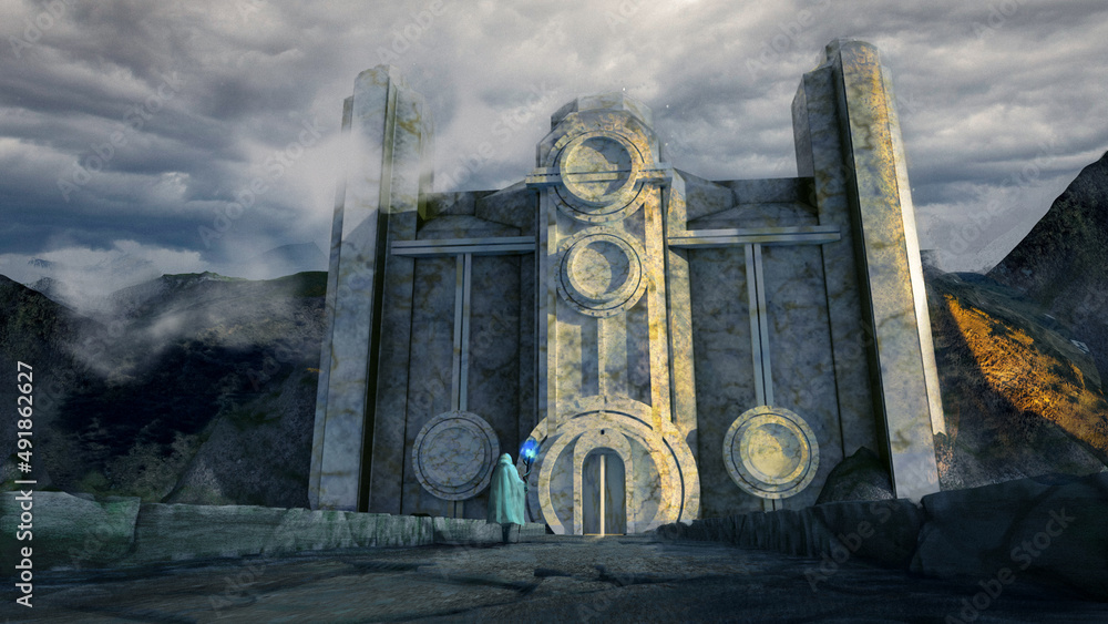 Obraz premium Digital 3d illustration of a cloaked figure approaching a mysterious marble temple - fantasy painting