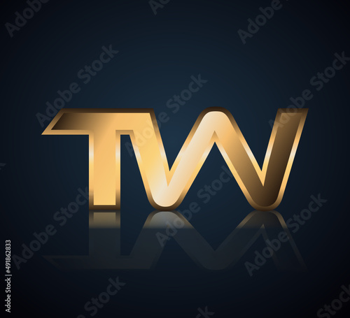 Modern Initial logo 2 letters Gold simple in Dark Background with Shadow Reflection TW