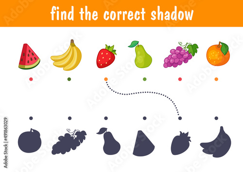 Set of cute fruits, watermelon, grapes, pear, strawberry, banana, mango. Find the correct shadow. Educational game for children. Cartoon vector illustration, color clipart.