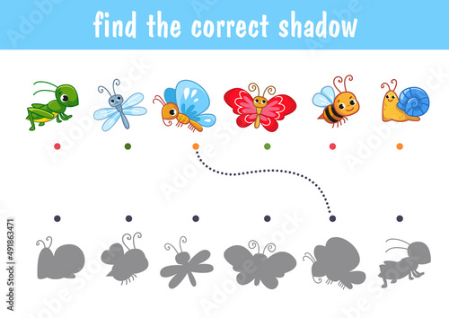 Set of cute insects, bumblebee, butterfly, dragonfly, bee, snail. Find the correct shadow. Educational game for children. Cartoon vector illustration, color clipart.