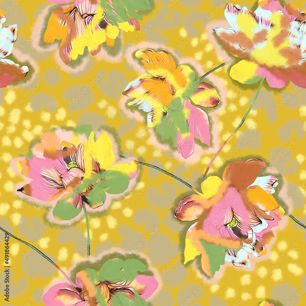 Watercolor lotus flowers. Seamless pattern. Design for fabric, wallpaper, packaging, home textiles.