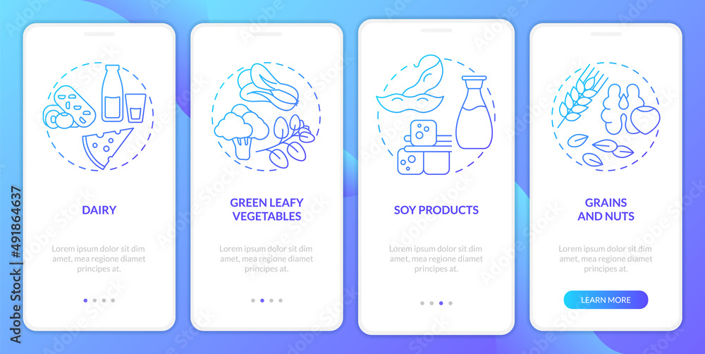 Key bone health nutrients blue gradient onboarding mobile app screen. Walkthrough 4 steps graphic instructions pages with linear concepts. UI, UX, GUI template. Myriad Pro-Bold, Regular fonts used
