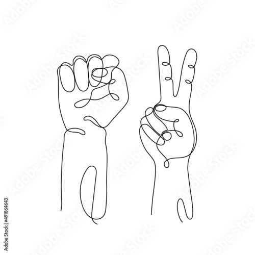 Single line drawn hand gestures,  minimalistic human hand with victory or two raised up fingers, symbol of luck, victory, piece, success, fist, symbol of demonstration, revolution, protest, power