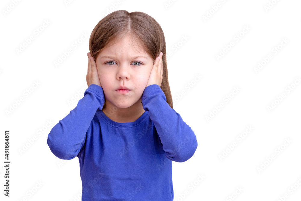 Child with closing ears by hands, isolated on white background looking at camera waist up caucasian little girl of 5 years in blue Child with closing ears by hands, isolated on white background looking at camera waist up caucasian little girl of 5 years in blue
