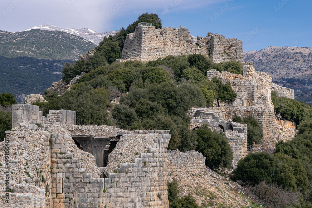 View of the Southern Wall of Nimrod fortress with the Keep and the Beautiful Tower, located in Northern Golan, at the southern slope of Mount Hermon, the biggest Crusader-era castle in Israel