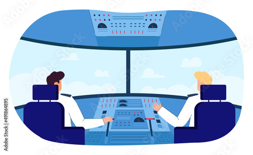 Back view of pilot and copilot inside cockpit during flight. Cabin crew flying airplane using control panel flat vector illustration. Aviation, transportation concept for banner or landing web page