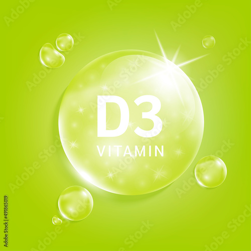 Serum collagen vitamin D3, light green drop water. Vitamin complex with Chemical formula from nature. Medical and scientific concepts. Beauty treatment nutrition skin care design. 3D Realistic Vector.