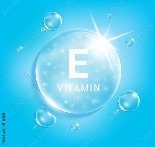 Serum collagen vitamin E, Blue drop water. Vitamin complex with Chemical formula from nature. Medical and scientific concepts. Beauty treatment nutrition skin care design. 3D Realistic Vector EPS10.