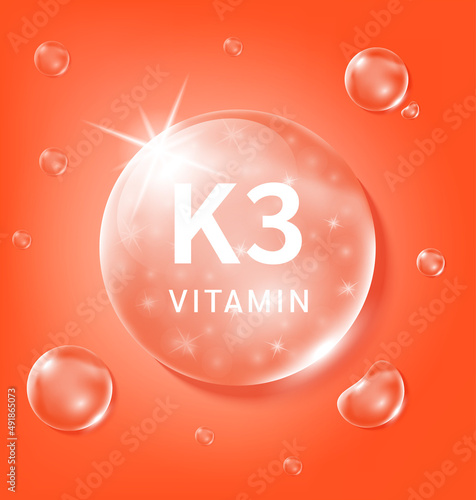 Serum collagen vitamin K3, Red drop water. Vitamin complex with Chemical formula from nature. Medical and scientific concepts. Beauty treatment nutrition skin care design. 3D Realistic Vector EPS10.