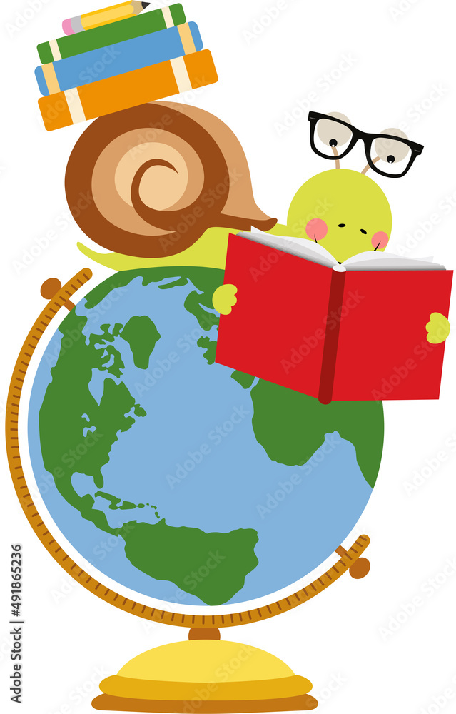 Fototapeta premium Cute snail reading book on top of globe