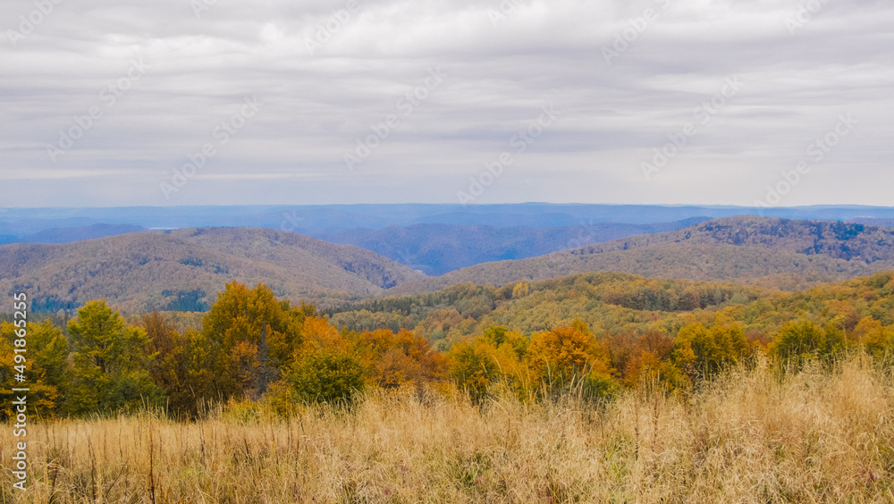 The Bieszczady peaks and valleys in autumn.