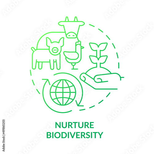 Nurture biodiversity green gradient concept icon. Production of farm. Shift to regenerative culture abstract idea thin line illustration. Isolated outline drawing. Myriad Pro-Bold font used
