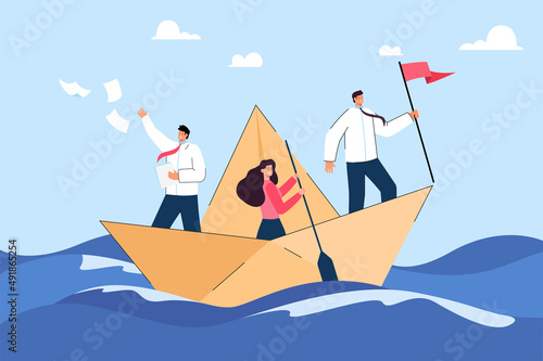 Happy businessmen and businesswoman sailing on paper boat. Cartoon business team in ocean or sea, leader with flag flat vector illustration. Cooperation or teamwork, goal, strategy, success concept